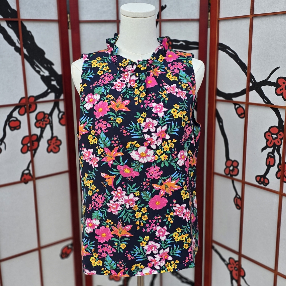 J. Crew Navy Floral Sleeveless Ruffled Neck Blouse